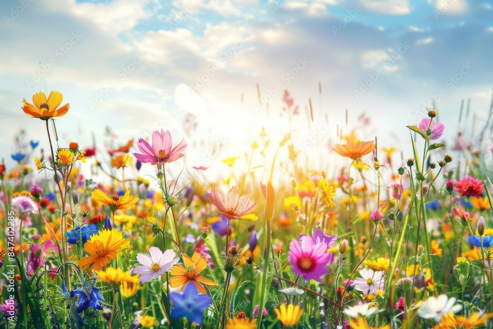 A field of flowers with a bright sun shining on them A field of flowers with a bright sun shining on them