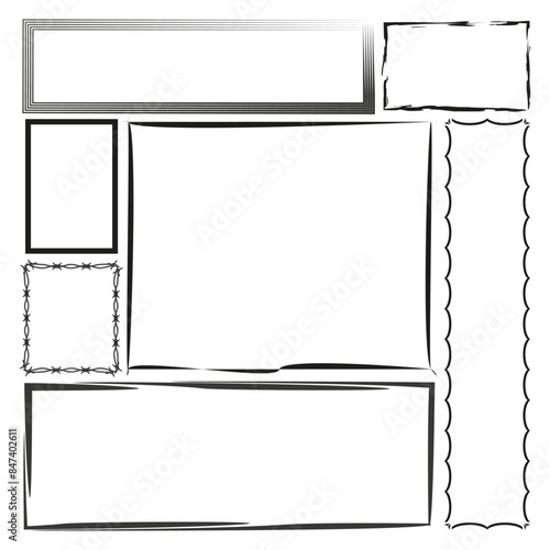 Various decorative frames. Black and white outlines. Simple vector borders. Multiple frame designs.
