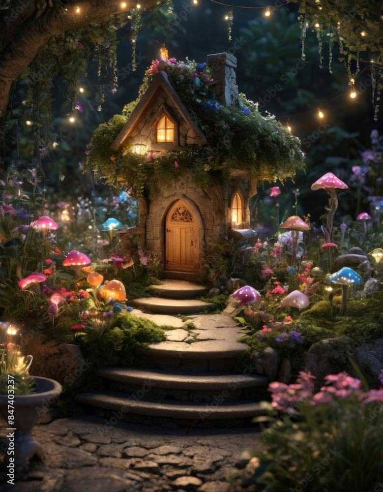Glowing gnome house in the forest Glowing gnome house in the forest