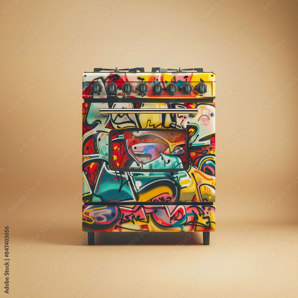 Obraz premium A gas range and oven is covered in graffiti - a spray painted appliance on a neutral background