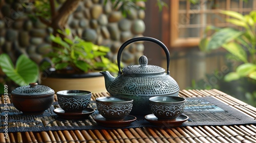 Hot Japanese Tea Served in Traditional Teapot and Teacups on Bamboo Mat
