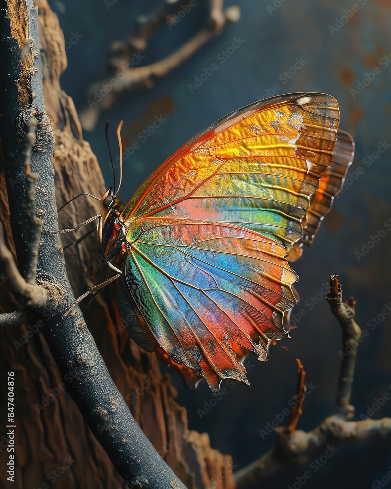 Obraz premium A stunning closeup photograph of a butterfly perched on a branch, with its wings spread to reveal their vibrant colors and intricate patterns
