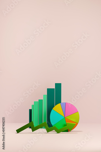 3D financial performance bar and pie charts, arrows results - growth
