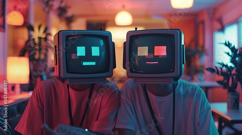 Two people with retro TV heads in neon-lit modern interior, merging vintage and futuristic themes