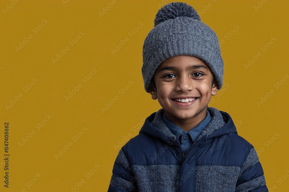 Indian male boy with smile on his face next to an empty space on a dark yellow background. Cute little boy wearing typical winter clothes. Indian male boy with smile on his face next to an empty space on a dark yellow background. Cute little boy wearing typical winter clothes.