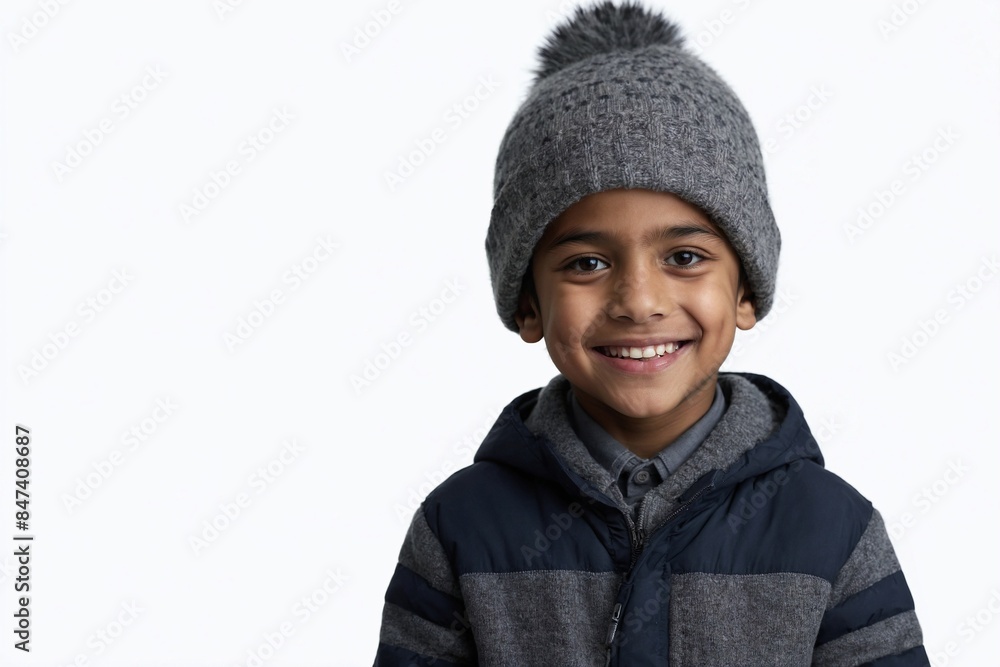 Indian male boy with smile on his face next to an empty space on a white background. Cute little boy wearing typical winter clothes. Indian male boy with smile on his face next to an empty space on a white background. Cute little boy wearing typical winter clothes.