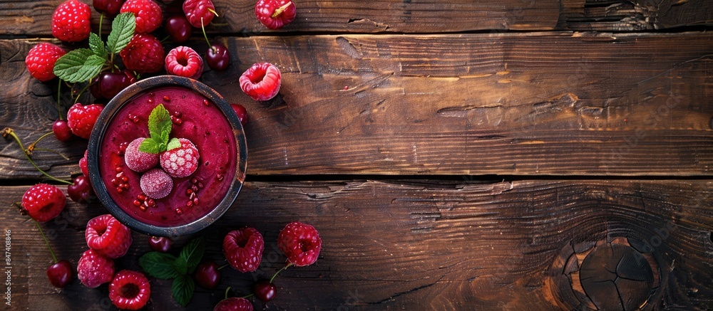 custom made wallpaper toronto digitalRaspberry Smoothie and Berries Displayed on a Wooden Table from Above, Offering Room for Text