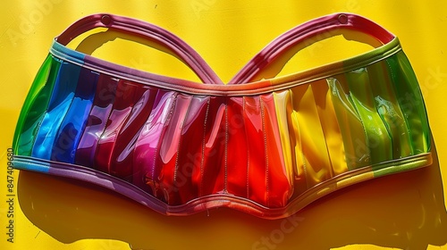 A brightly colored, vibrant, rainbow-themed, artistic strapless bra with a glossy finish is placed on a striking yellow background, perfect for showcasing fashion and style