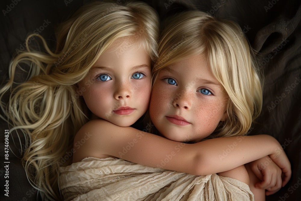 A touching photograph of two young children with striking blue eyes and blonde hair, wrapped in soft fabric, showcasing a deep and affectionate sibling bond A touching photograph of two young children with striking blue eyes and blonde hair, wrapped in soft fabric, showcasing a deep and affectionate sibling bond