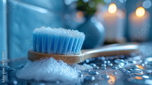 Close-up image of a bamboo toothbrush with blue bristles covered in suds with water droplets on surface, accompanied by a blue background with candles