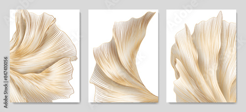 Abstract art background with white leaves or waves in golden line art style. Vector botanical set of hand drawn posters for wallpaper, print, textile, packaging, interior design.