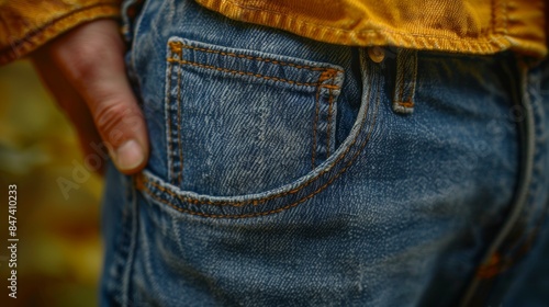 A close-up photograph of a person wearing blue denim jeans and a yellow jacket with their hand tucked into the back pocket, showcasing the texture and stitching details photo