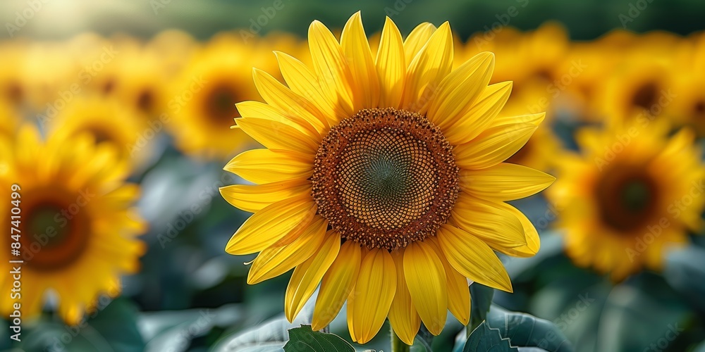 A vibrant and sunlit field of blooming yellow sunflowers, showcasing their striking beauty and intricate petal details in a serene outdoor setting A vibrant and sunlit field of blooming yellow sunflowers, showcasing their striking beauty and intricate petal details in a serene outdoor setting
