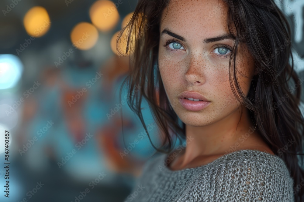A young woman with striking blue eyes and freckles poses for a portrait in a visually rich and softly blurred urban setting with lights in the background A young woman with striking blue eyes and freckles poses for a portrait in a visually rich and softly blurred urban setting with lights in the background
