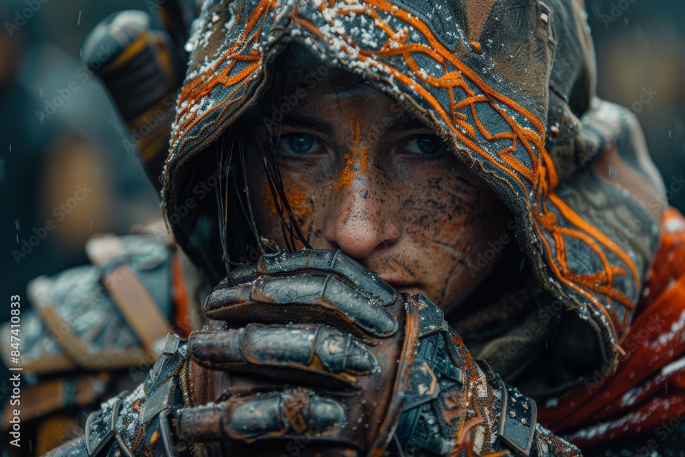 A captivating close-up of a person in rugged, detailed, adventurer attire amidst a snowy environment, showcasing intense eyes and intricate gear A captivating close-up of a person in rugged, detailed, adventurer attire amidst a snowy environment, showcasing intense eyes and intricate gear