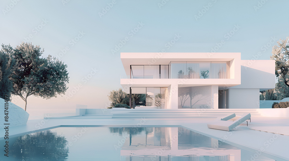 Exterior white modern villa and swimming pool on the beach and sea view.beautiful summer landscape with blue sky background. Generative Ai Exterior white modern villa and swimming pool on the beach and sea view.beautiful summer landscape with blue sky background. Generative Ai