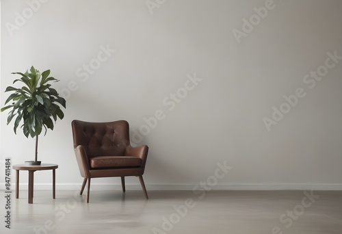 Minimalist, retro, contemporary composition of living room with picture frame and armchair 