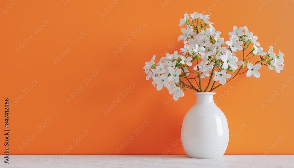 Stylish white ceramic vase with beautiful white flowers against a vibrant orange background, perfect for home decor inspiration.