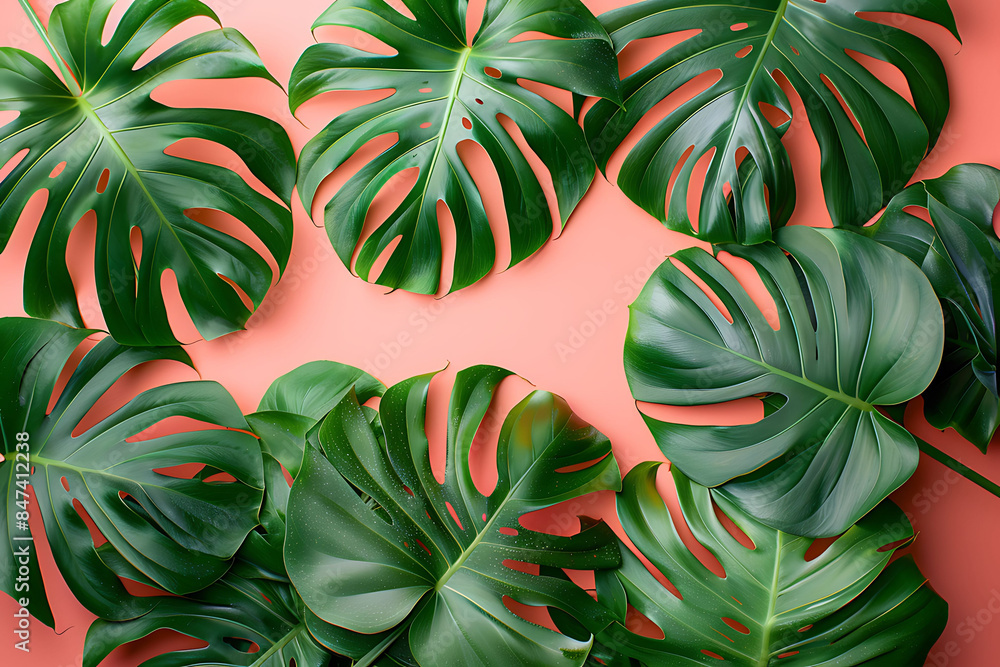 Obraz premium Vibrant green Monstera leaves arranged on a peach background
