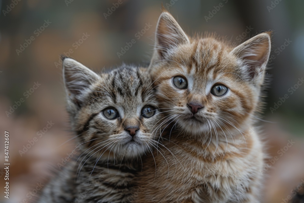Two Adorable Kittens Sitting Closely Together Outdoors, with Beautiful Autumn Leaves in the Background, Looking Curiously at the Camera Two Adorable Kittens Sitting Closely Together Outdoors, with Beautiful Autumn Leaves in the Background, Looking Curiously at the Camera