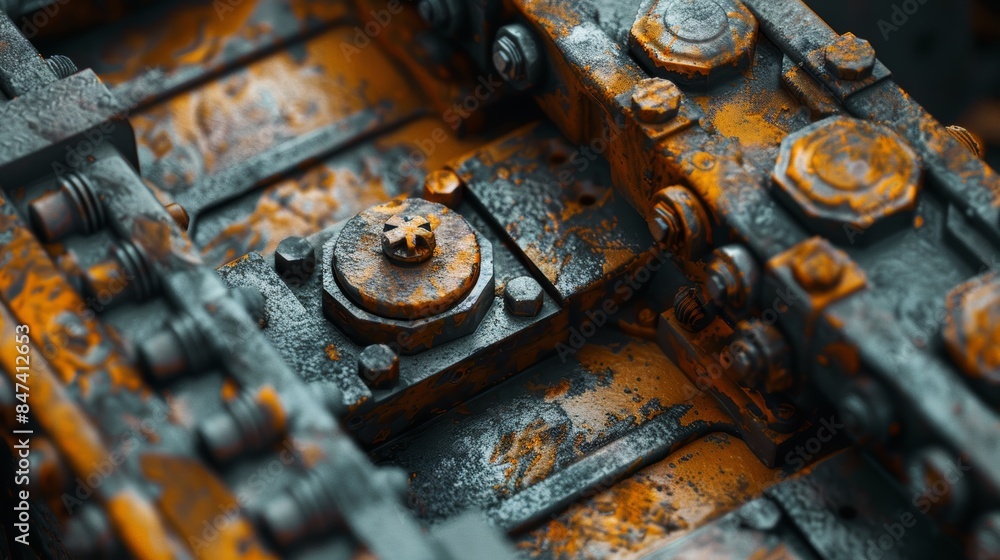 A close-up view of a heavily corroded and rusted mechanical industrial component showcasing the wear and tear over time under harsh conditions A close-up view of a heavily corroded and rusted mechanical industrial component showcasing the wear and tear over time under harsh conditions