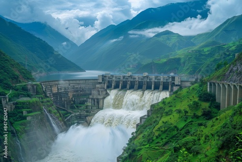 Massive Hydroelectric Dam Surrounded by Green Hills photo
