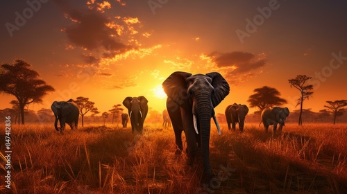 A beautiful scene of elephants walking at sunset amidst a dry grass field, with the sun setting in the background.