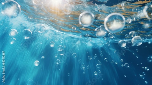 Serene photo of bubbles floating in water with the word bubble at the bottom, capturing tranquility and simplicity. photo