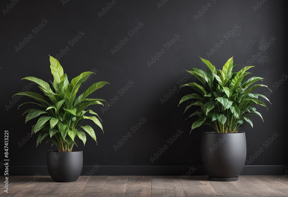 blank black wall interior with potted plant and copy space blank black wall interior with potted plant and copy space