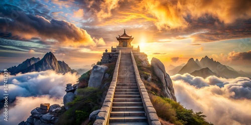 h a mountain, a temple, and a long staircase leading up to it. the sky is a vibrant orange and yellow, and the clouds are a soft white. the image is very peaceful and serene. photo