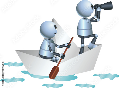 3D illustration of a little robot business success rowing paper boat as a team on isolated white background