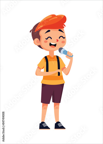 heerful cartoon boy with red hair and microphone