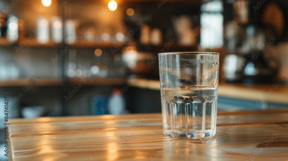 A glass of water placed on a wooden table in a cozy kitchen setting with blurred background. A glass of water placed on a wooden table in a cozy kitchen setting with blurred background.
