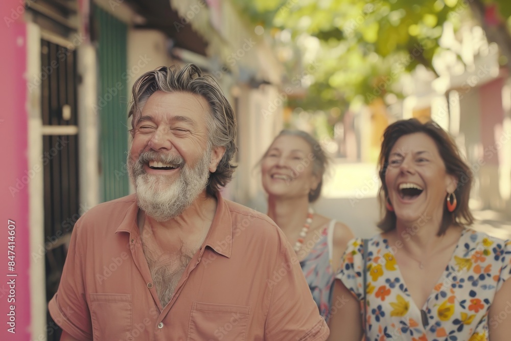 Portrait of happy senior couple having fun with friends in the street Portrait of happy senior couple having fun with friends in the street
