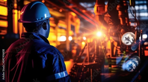 Heavy machinery, power industry, professional safety measures close up, focus on, copy space, bright vivid colors, Double exposure silhouette with machinery