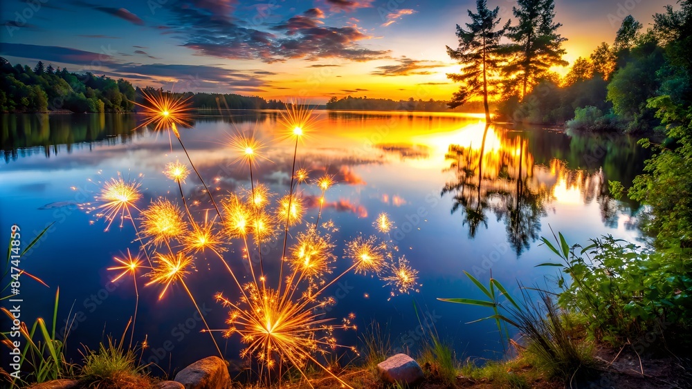 Fireworks Light Up The Sky Above A Tranquil Lake, Casting Shimmering Reflections On The Water'S Surface. Fireworks Light Up The Sky Above A Tranquil Lake, Casting Shimmering Reflections On The Water'S Surface.