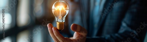 Igniting Creativity in Entrepreneurship - Businessman Holding Lit Light Bulb Symbolizing Innovation and Ingenuity with Blurred Background