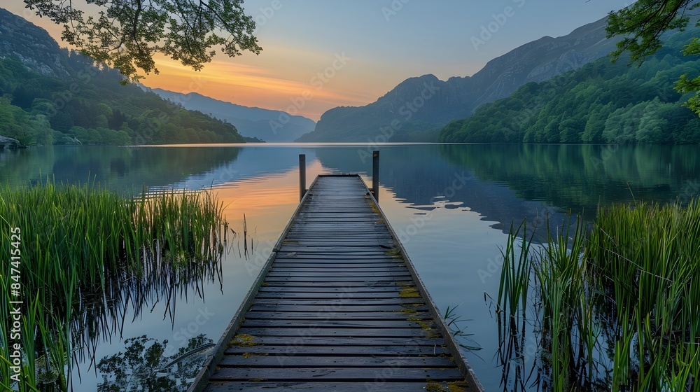Tranquil Lakeside Retreat with Serene Reflecting Waters and Mountainous Backdrop Tranquil Lakeside Retreat with Serene Reflecting Waters and Mountainous Backdrop