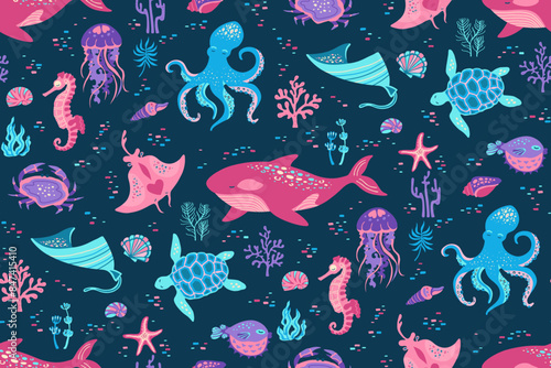 Ocean sea animals comic seamless pattern. Marine jellyfish, seashell seahorse fish crab, whale, medusa. Nautical undersea boundless background. Endless template design for paper print wrapper backdrop