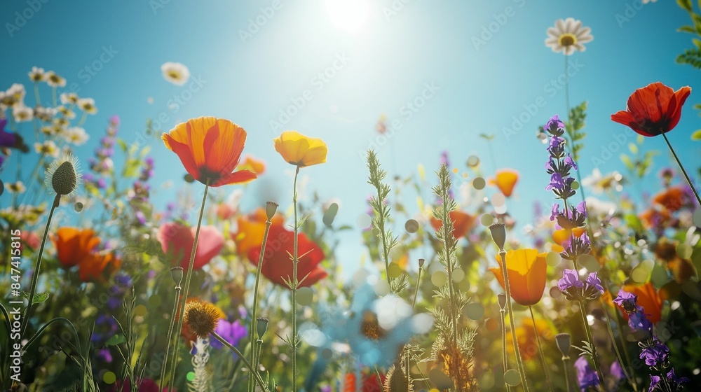 Fototapeta premium Wildflowers blooming in a sunny meadow under a clear blue sky.