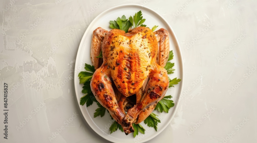 Whole chicken cooking dish on white ceramic plate restaurant food menu. Whole chicken cooking dish on white ceramic plate restaurant food menu.