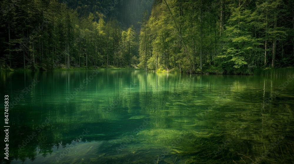 Fototapeta premium Sunlight filtering through forest trees onto a serene lake