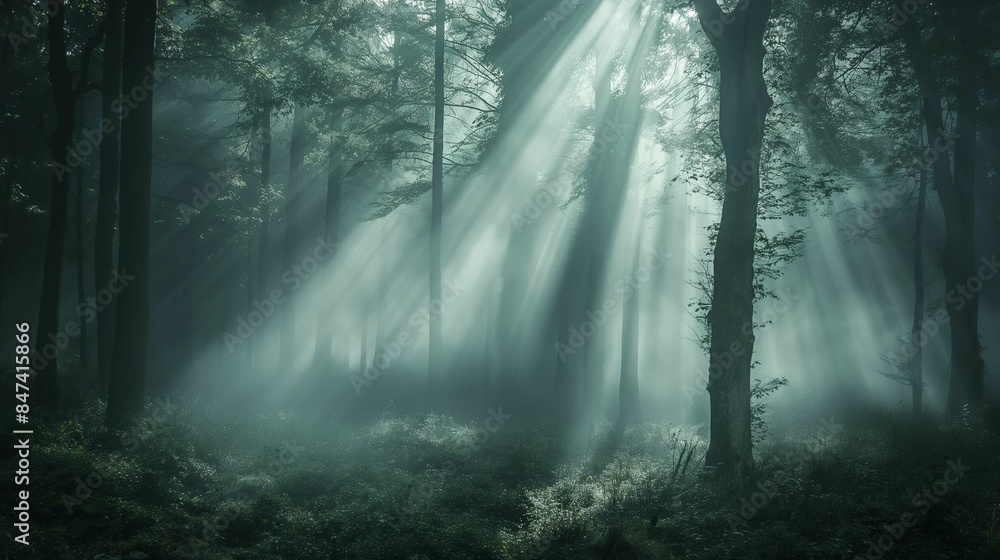 Naklejka premium Sunlight rays filtering through dense forest foliage.