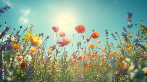 Wildflowers blooming in a sunny meadow under a clear blue sky. © kept