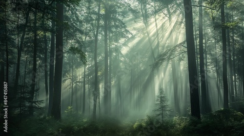 Sunlight rays filtering through dense forest foliage. © kept