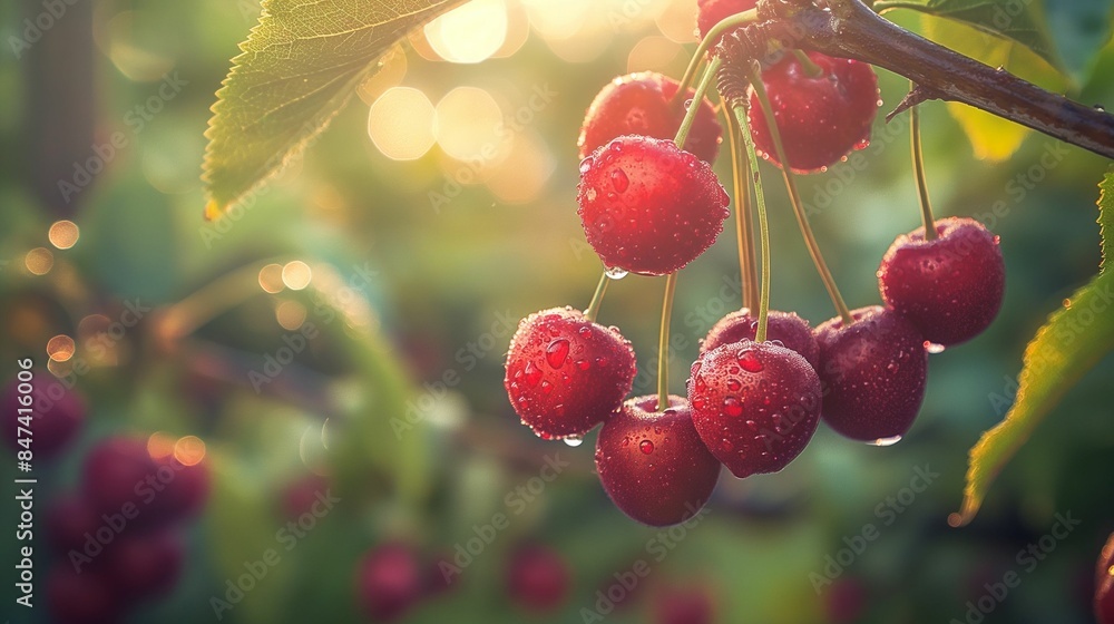 Obraz premium Fresh cherries with water droplets hanging from a branch in sunlight.