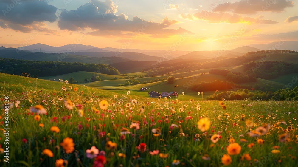 Serene Countryside Landscape with Blooming Meadow,Rolling Hills,and Warm Sunlight Serene Countryside Landscape with Blooming Meadow,Rolling Hills,and Warm Sunlight