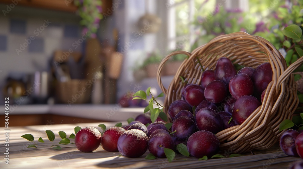 Basket of ripe plums spilling onto a kitchen counter with sunlight streaming through a window. Basket of ripe plums spilling onto a kitchen counter with sunlight streaming through a window.