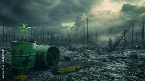 Green plant growing in toxic waste barrels in a barren wasteland.