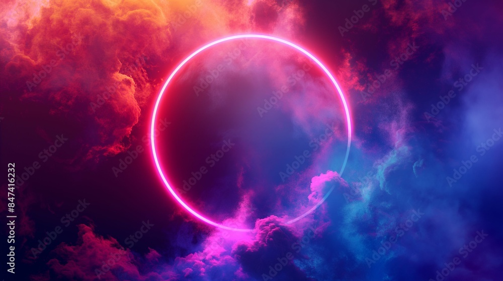 Glowing neon circle with colorful smoke on a dark background. Glowing neon circle with colorful smoke on a dark background.